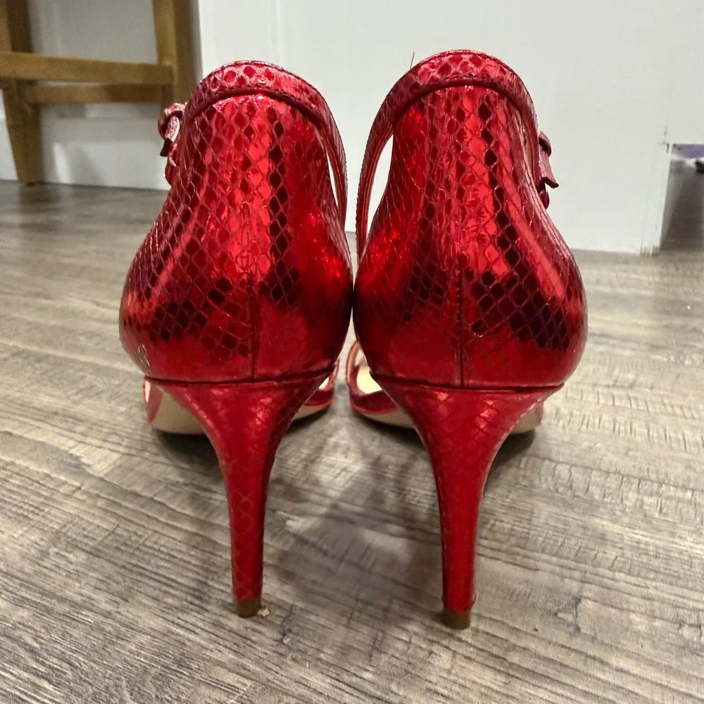 Michael Kors Red Metallic Snakeskin Embossed Leather Sandals Heels 11M
